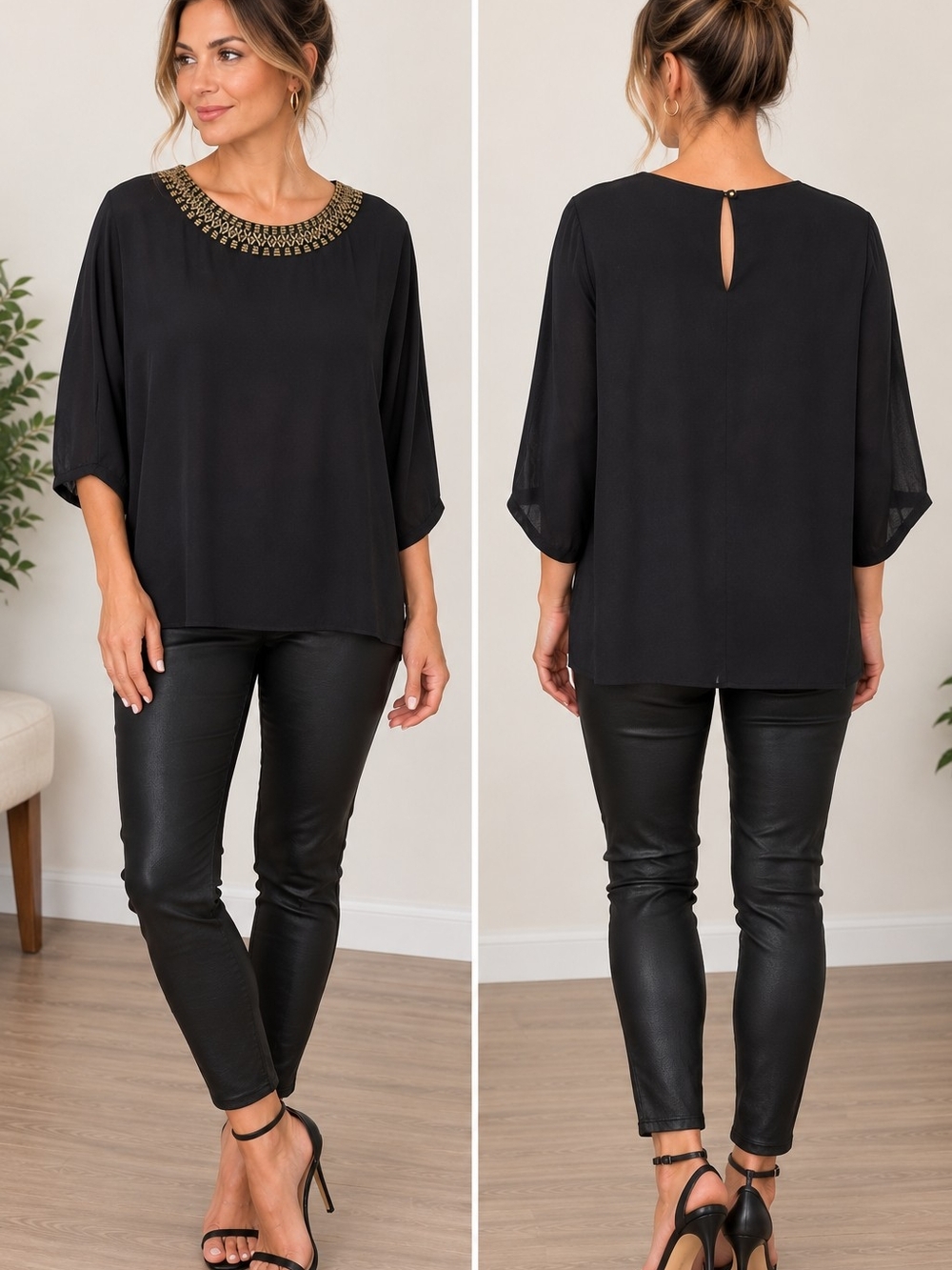 Bobeau Black Gold Beaded Embellished Blouse Size Large NWT